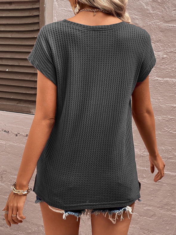 Waffle Knit Pocket Patched Batwing Sleeve Tee