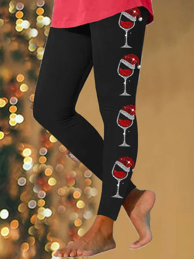 Women's Merry Christmas Shiny Wine Glass Print Leggings