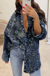 Women's Denim Sequin Embroidered Lapel Top