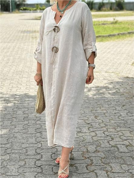 Casual V-neck Cotton and Linen Dress