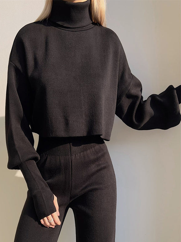 Casual Hoodie with High Neck, Loose Long-sleeved Trousers and Two-piece Set