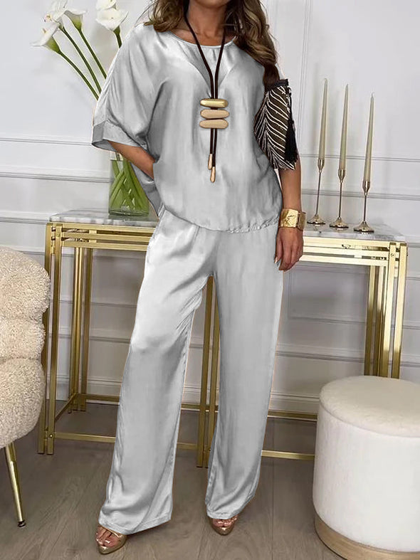 Casual Crew Neck Satin Suit