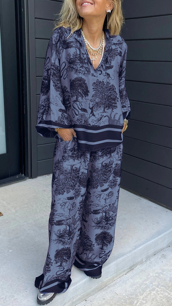 V-neck Printed Long-sleeved Casual Suit