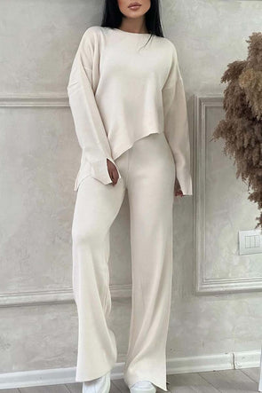 Women's Irregular Hem Long Sleeve Sweater High Waist Pants Suit