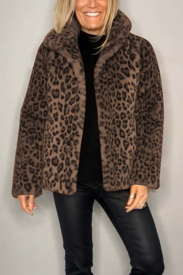 Women's Fashionable Leopard Lapel Faux Fur Winter Coat