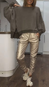 Women's Round Neck Casual Top + Leather Pants Set