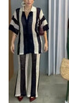 Women's Suit Casual Contrast Color Striped Hollow Wool Button-Down Shirt & Casual Stretch Slim Pants