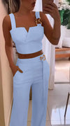 Women's Fashion Solid Color Suspender V-Neck Top Wide Leg Casual Pants Two-Piece Set