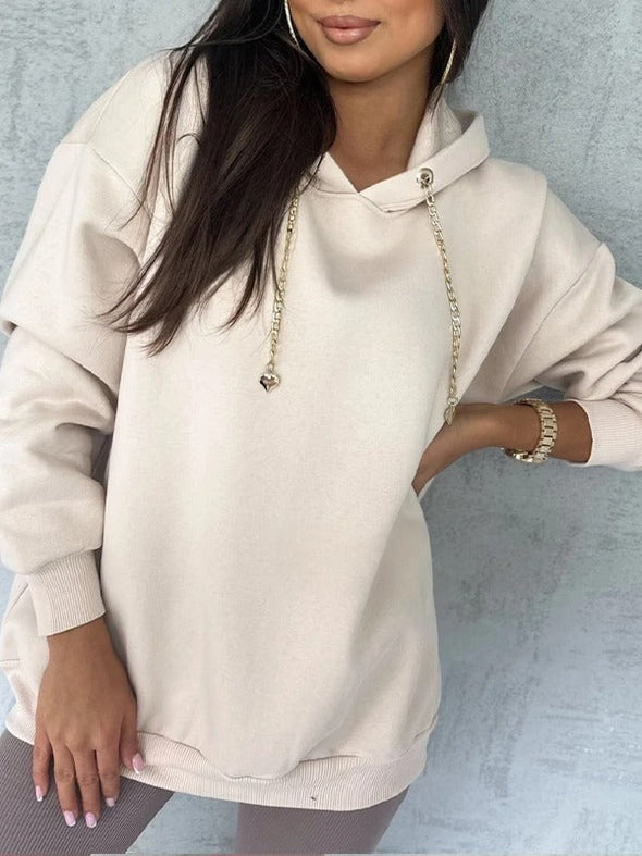 Women's Hooded Chain Drawstring Design Casual Sweatshirt