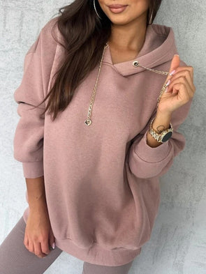 Women's Hooded Chain Drawstring Design Casual Sweatshirt