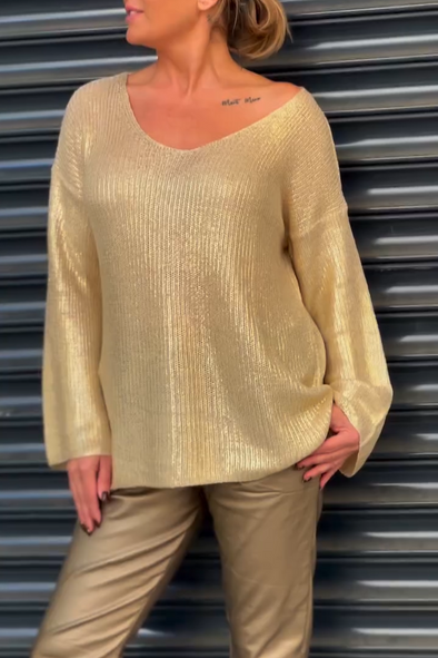 Women's Spring Casual Comfortable V-Neck Gold Stamping Knitted Sweater