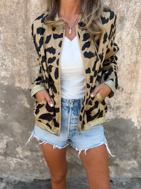 Women's Round Zipper Leopard Print Casual Top