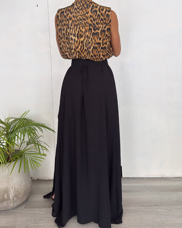 Women's V-neck Leopard Print Top + Slit Skirt Suit