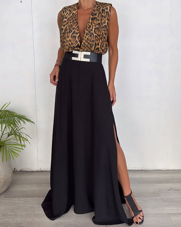 Women's V-neck Leopard Print Top + Slit Skirt Suit