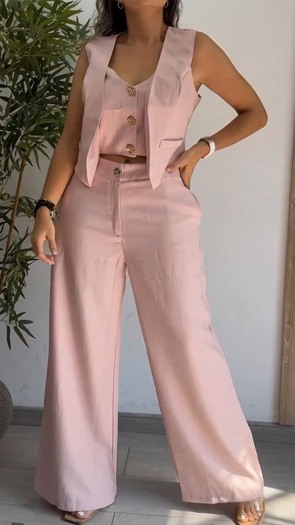 Women's V-neck Casual Vest + Trousers Three-piece Suit