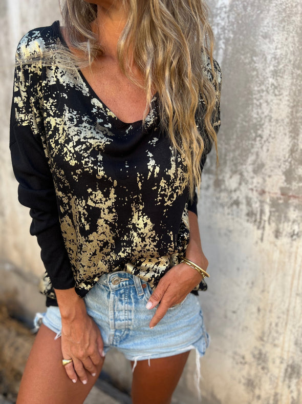 Women's V-neck Gold-stamped Knitted Casual Top