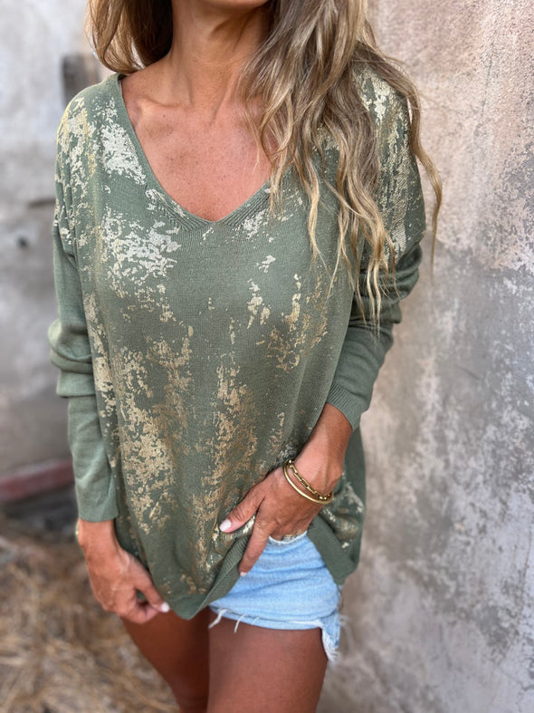 Women's V-neck Gold-stamped Knitted Casual Top