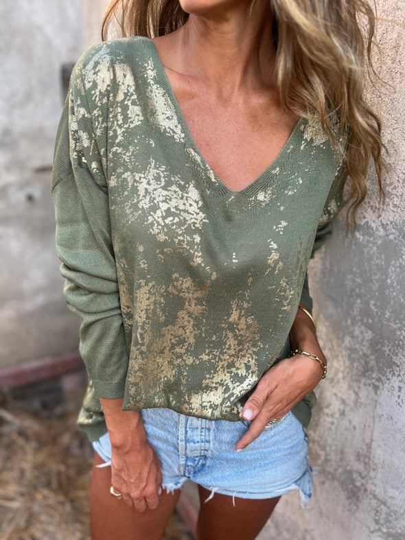 Women's V-neck Gold-stamped Knitted Casual Top