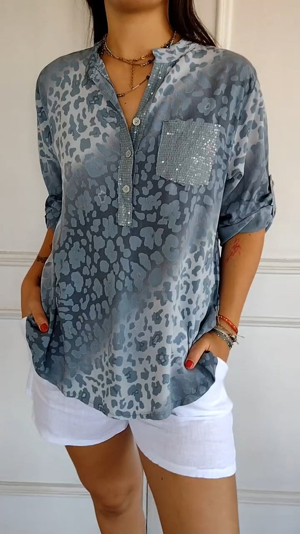 Women's V-neck Leopard Print Sequined Casual Top