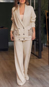 Women's Lapel Double-breasted Button-down Top + Trousers Casual Suit