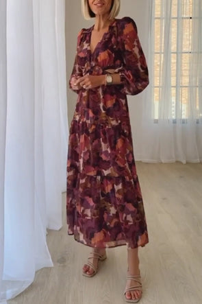 Women's Floral V-neck Long-sleeved Dress