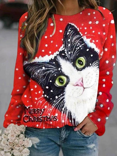 Merry Christmas Cat Print Sweatshirt