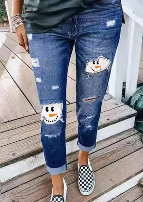 Christmas Snowman Patch Ripped Hole Distressed Denim Jeans