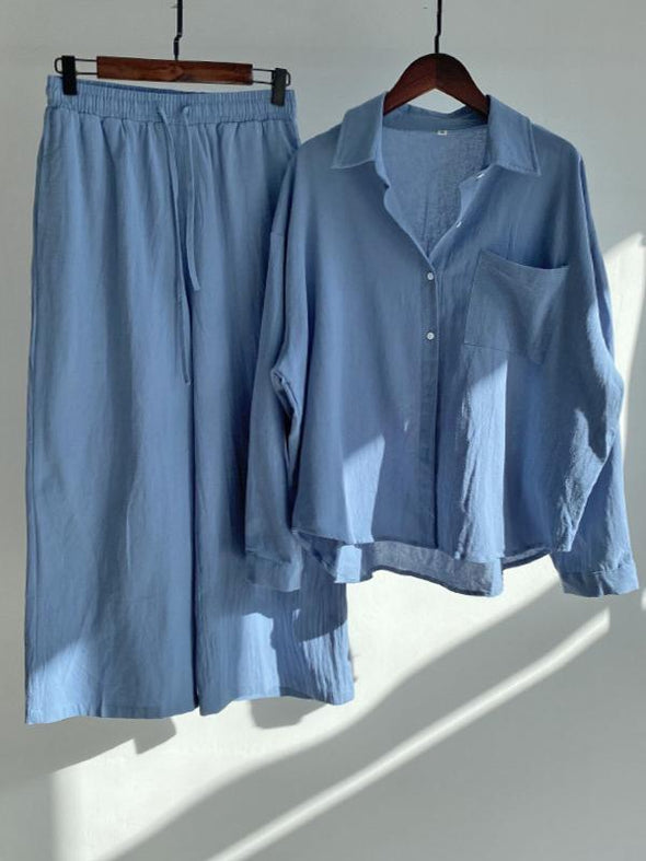 Women's Vintage Plus-size Cotton Linen Shirt Set High-waisted Slacks 2-piece Set
