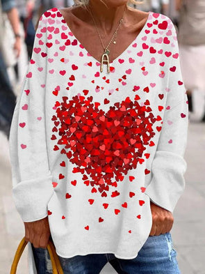 Women's Valentine's Day Heart Print Long Sleeve V-Neck Top
