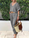 Women's V-neck Casual Cotton and Linen Top and Pants Suit