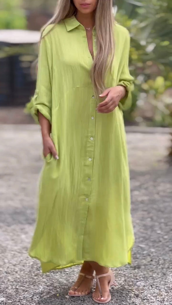 Women's Casual Solid Color Button Front Linen Shirt Dress