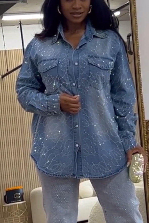 Women's Cool Sequin Washed Button Denim Shirt