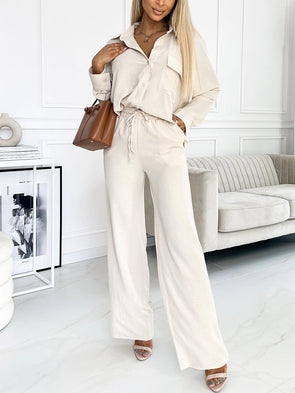 Women's Casual Solid Color Pocket Front Shirt and Pants Belted Set