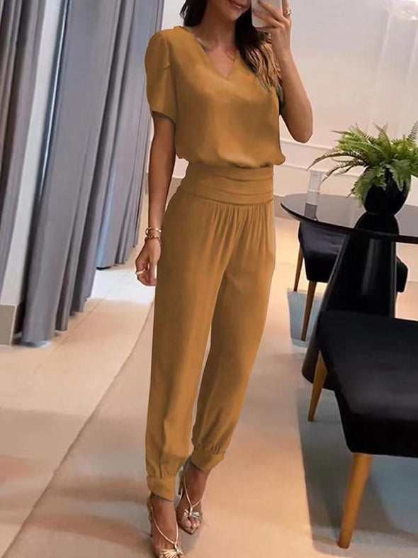 Fashion Casual V-neck Printed Short-sleeved Pant Suit Two-piece