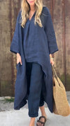 Women's V-neck Cotton and Linen Loose Casual Suit