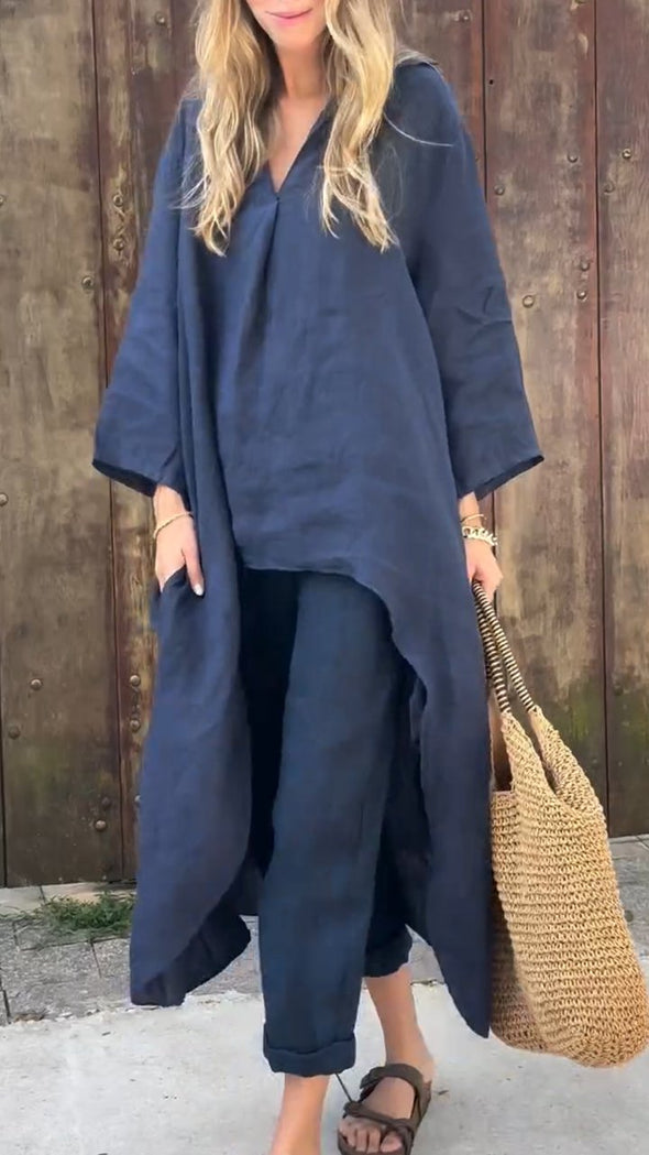 Women's V-neck Cotton and Linen Loose Casual Suit