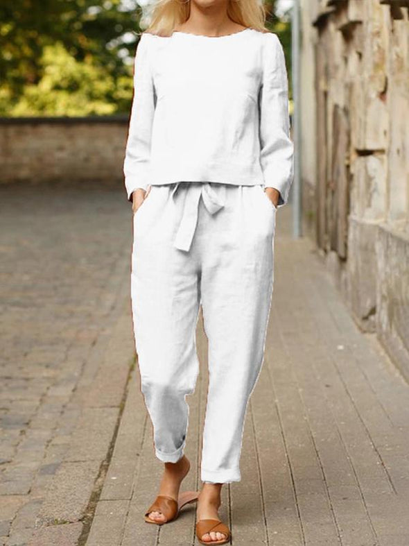 Women's Casual Basic Long Sleeve Trousers Cotton Linen Suit