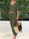 Women's V-neck Casual Cotton and Linen Top and Pants Suit