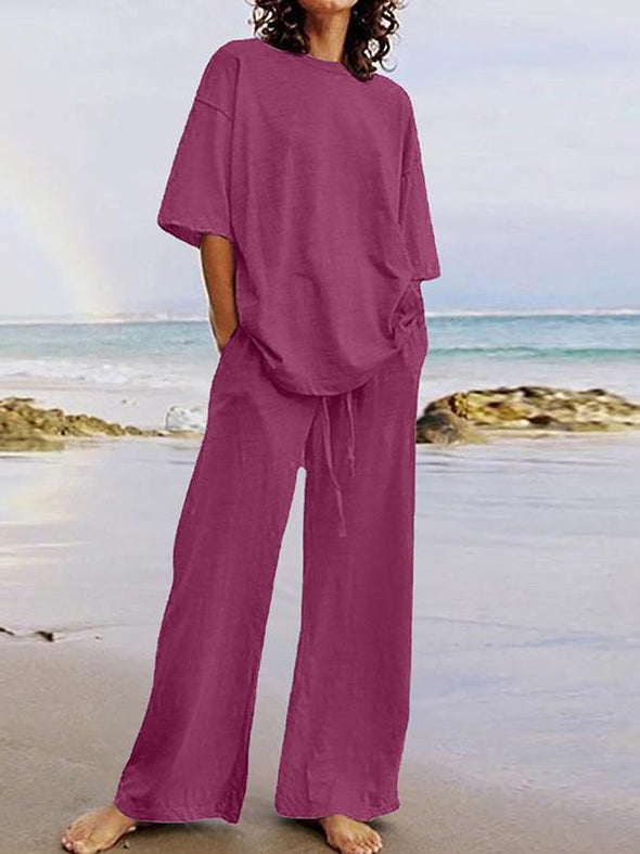 Casual Half-sleeved Top and Wide-leg Pants Set