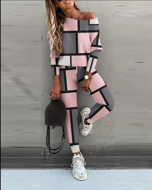 Casual Colorblock Long Sleeve Tops and Trousers Suit