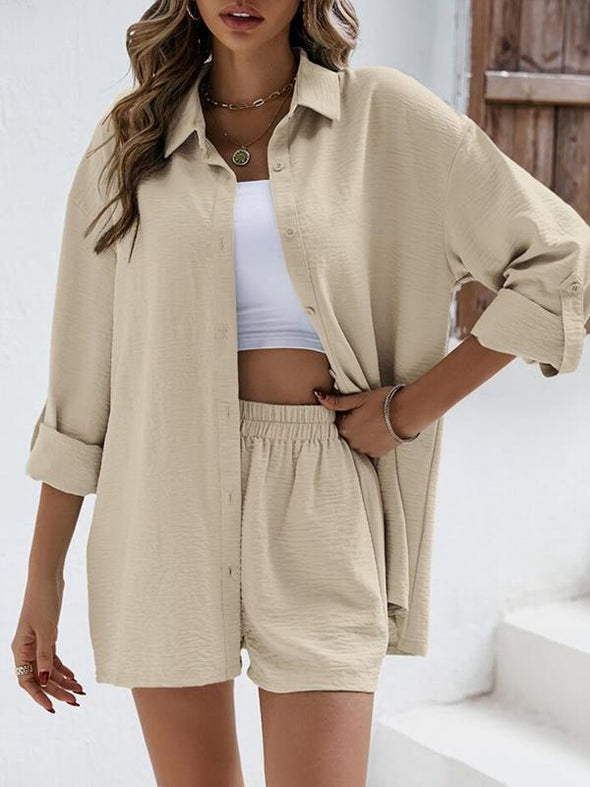 Fashion Casual Solid Color Lapel Long-sleeved Shirt Elastic High-waisted Shorts Suit