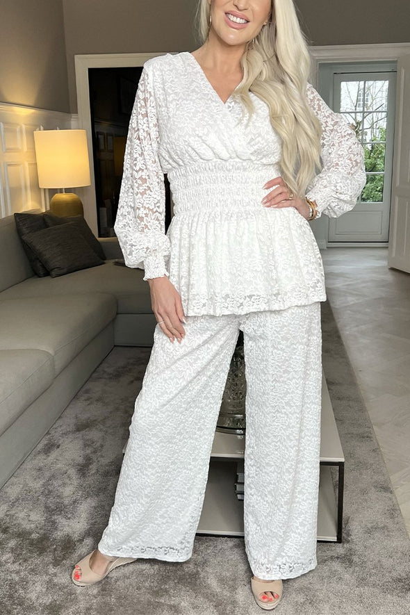 Women's Casual V-neck Long-sleeved Lace Two-piece Suit