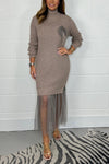 Women's High Collar Knitted Tulle Hem Sweater Dress Fashion Trends