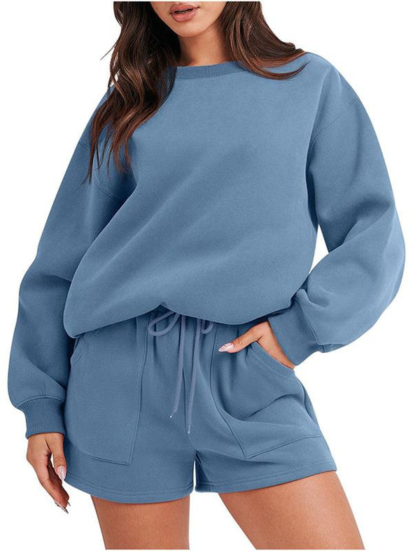 Women's round neck long sleeve casual top shorts suit