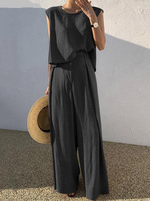 Cotton and Linen Fashion Casual Loose Two-piece Sleeveless Blouse Loose Wide Leg Pants