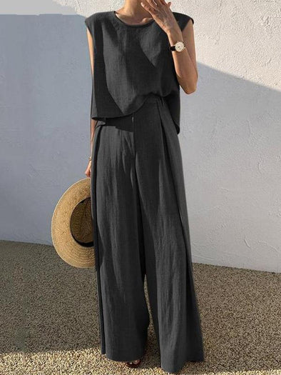 Cotton and Linen Fashion Casual Loose Two-piece Sleeveless Blouse Loose Wide Leg Pants