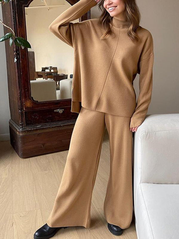 Fashion Long-sleeved Loose Casual Sweater Knit Top Pant Suit Two-piece Set