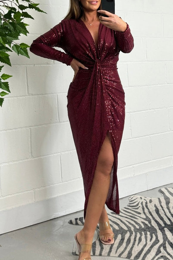 Women's V-neck Sequined Slim Fit Midi Dress Fashion Trends