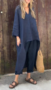 Women's V-neck Cotton and Linen Loose Casual Suit