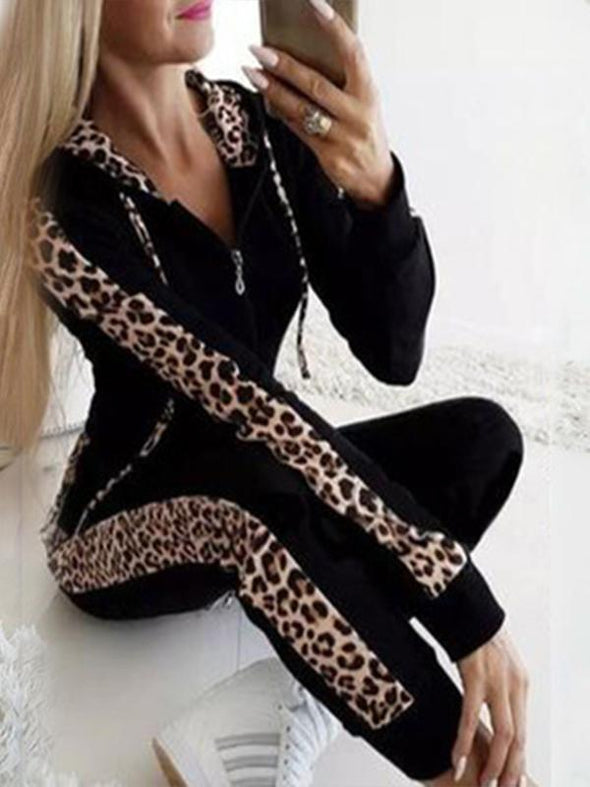 Women's Leopard Print Zipper Hoodie Trouser Suit Sexy Home Wear
